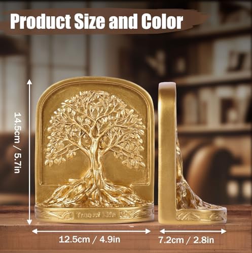 Gold Tree of Life Bookends Set, 2 Decorative Bookends for Shelves or Bookcase, Non-Skid Heavy Bookends for Desktop Shelf Decor, Library Office Decor, Home Décor Gift (Gold) - Image 2