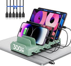 300W Charging Station for Multiple Devices, 8 Port Multi USB C Fast Charger Station Dock for MacBook iPhone 16/15/14/13/12 Samsung Pixel Series iPad, Green (6 Mixed Short Cables Included) by LcssioChargeFaster