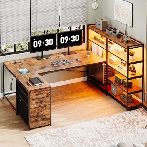 SEDETA 64.5" Reversible L Shaped Office Desk with Storage Drawers, Shelves by SEDETA