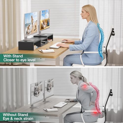 OPNICE Dual Computer Monitor Stand Riser, Desk Organizer with Drawer, Office Desk Accessories & Workspace Organizers for Home Office Supplies, Black - Image 7