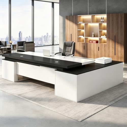 Executive Desk, L Shaped Executive Office Desk with Locking Drawer & File Cabinet, 1'' Thick Desktop, Large Office Desk with Storage, Modern Executive Computer Workstation for Home Office & Business by Unknown