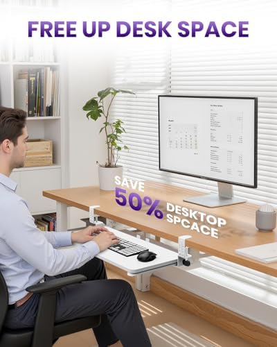 Ergonomic Keyboard Tray Under Desk, 25.6x11.8 Inch Board, White - Image 5
