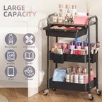 KINGRACK 3 Tier Metal Rolling Cart with Drawer, Black Utility Storage Cart - Image 3