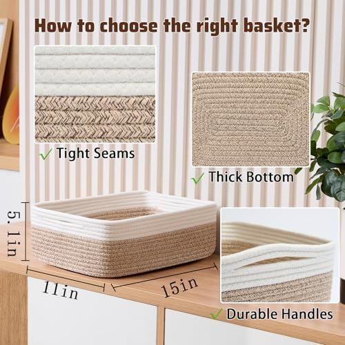 MiniArk Large Shallow Organizing Baskets 15x11x5.1 Inches - Rope Woven Storage Bins for Bathroom, Shelves, Cube Closet, White Mixed Brown 3 Packs - Image 2