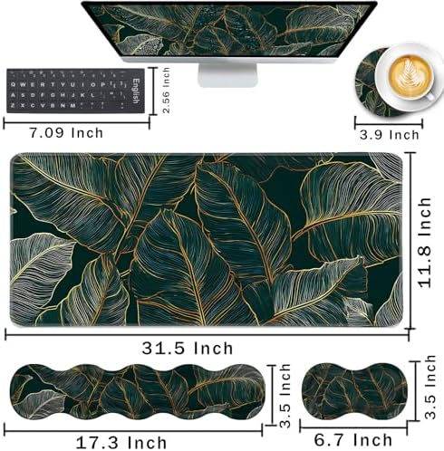 Keyboard Wrist Rest and Mouse Pad with Wrist Support Set Ergonomic Coaster,Memory Foam,Easy Typing Pain Relief,Large XL Desk Mat 31.5"x 11.8",Tropical Leaves - Image 2