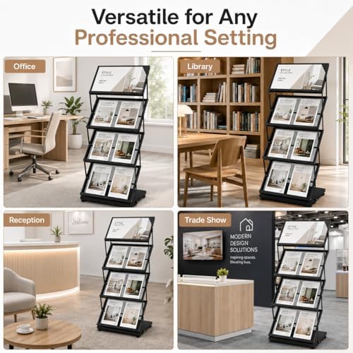 Foldable Magazine Display Racks, 4 Pockets Brochure Display Rack with Wheels, Brochure Catalog Display Stand for Living Room, Hotel, Trade Show, Exhibition, Office - Image 7