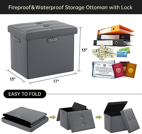 DocSafe Storage Ottoman with Lock,Fireproof Folding Ottoman Foot Rest Stool Storage Chest with Storage Safe for Important Documents,Waterproof 17 Inches Short Ottoman Foot Stool with Handles,Grey - Image 3