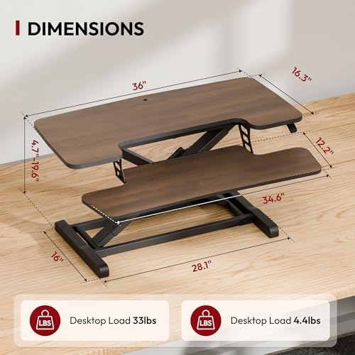 SANODESK 36" Standing Desk Converter, Smooth Mechanical Spring Effortless Lift Sit-Stand Riser for Dual Monitors, Heavy Duty Workstation with Keyboard Tray, Walnut - Image 2
