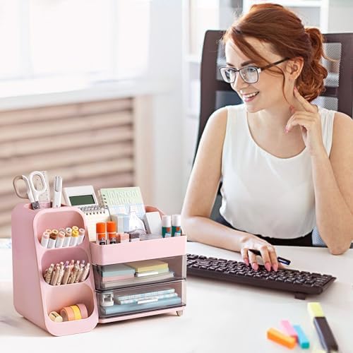 HBlife Desk Organizer with Pen Pencil Holder for Desk, Pen Organizer with 2 Drawers, Desk Organizers and Accessories with 4 Compartments, Desktop Storage for Office Home School Art Supplies, Pink - Image 7