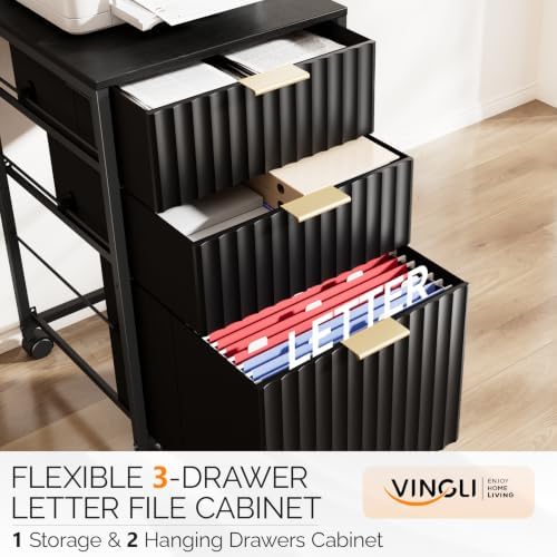 VINGLI 3 Drawer Fluted File Cabinet, Rolling File Cabinet Mobile Under Desk File Cabinet with Wheels, Fabric Drawers Printer Stand for Home Office, Fits Letter Size, Black - Image 4