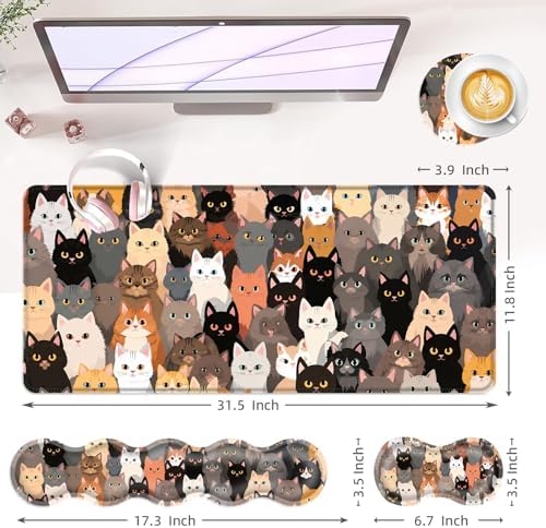 Large Keyboard Mouse Pad Set, Extended Mouse Pad+Keyboard Wrist Rest Support, Memory Foam Ergonomic Easy Typing, 4Pcs (31.5×11.8 in) Desk Pad Set for Office Home,Colorful Cats - Image 6