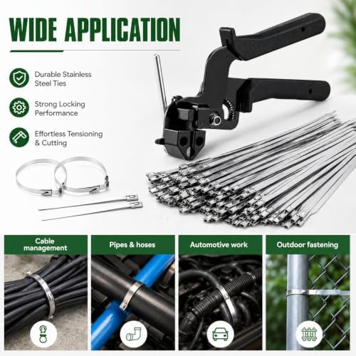 Cable Tie Gun Kit with 100Pcs 11.8" 50Pcs 9.8" 50Pcs 7.8" 304 Stainless Steel Zip Ties, Heavy Duty Wire Fence Repair Tool for Chain Link, Farm Metal Cages, Chicken Coops, Automotive Exhaust Wraps - Image 6