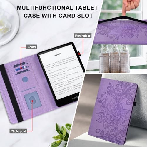 Case for Kindle Fire HD 10 & 10 Plus (13th/11th Generation, 2023/2021) 10.1", Embossed Lace PU Leather Flip Folio Tablet Case with Elastic Band & Card Slots/Holder, Multi-Angle Stand Cover, Purple - Image 4