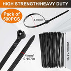 Blulu 7 Inch 500 Pcs Black Cable Ties with Metal Tooth Self Locking - Image 2