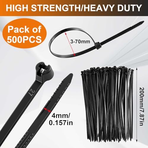 Blulu 7 Inch 500 Pcs Black Cable Ties with Metal Tooth Self Locking - Image 2