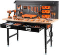60" Adjustable Work Bench with Drawers, Workbench for Garage with Strip Light, Work Table with Large Pegboard, 2000 LBS Heavy Duty Table with Power Outlet Rubber Wood for Office, Workshop by Unknown