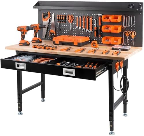60" Adjustable Work Bench with Drawers, Workbench for Garage with Strip Light, Work Table with Large Pegboard, 2000 LBS Heavy Duty Table with Power Outlet Rubber Wood for Office, Workshop by Unknown