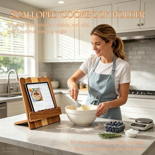 Scalloped Wooden Wood Recipe Cookbook Holder Stand for Kitchen Counter, Rustic Wood Cookbook Holder Display, Wooden Cookbook Stands Kitchen Book Holder Easel for Tablet, textbooks, reading1 - Image 3