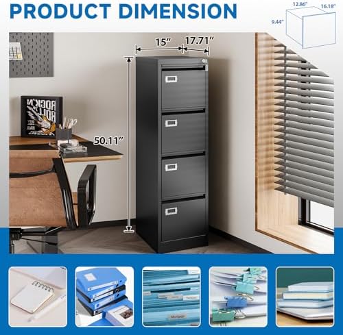 BYNSOE 4 Drawer File Cabinet with Lock Metal Vertical File Cabinet Office Home Vertical File Cabinet for A4 Legal/Letter Size Narrow File Cabinet Locked,Assembly Required - Image 4