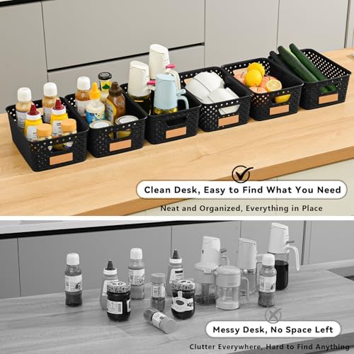 12 Pack Plastic Storage Baskets for Organizing, Storage Baskets for Shelves with Handles, Small Storage Bins with Labels, Classroom Storage Organization for Cabinet,Closet, Office,Black - Image 7