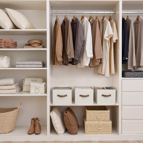 StorageWorks Closet Storage Bins with PU Handles, Beige, Large - Image 2