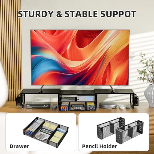 Simple Trending Dual Monitor Stand with Drawer and 2 Pen Holders, Black - Image 6