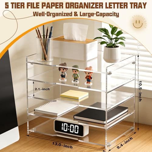 Leffis 5 Tier Large Capacity Acrylic Desk Organizer, Clear Paper Tray - Image 2