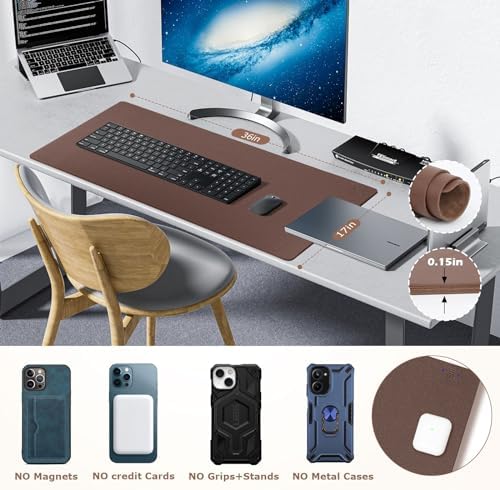 Wireless Charging Mouse Pad 2 in 1 Leather Multifunctional Office Desk Pad with Non-Slip Rubber Base, Waterproof Desk Pad for Computers/Office/Work/Home/Decor 36" x 17" Brown - Image 6