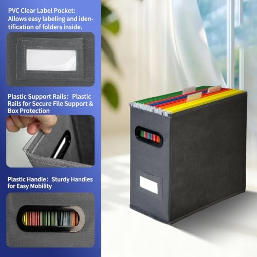 6 Pack Collapsible File Storage Box for Letter Size Documents, Portable File Organizer Box with Plastic Rails and Reinforced Cardboard, Desktop and Home Office Organization, Gray - Image 3