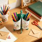 360° Rotating Metal Pen Holder for Desk, Cute Floral Bird Desktop Organizer with Dome Roof, Pencil Cup & Remote Control Holder for Home Office (Green) - Image 3