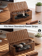 BROWNLILY Cable Management Box, Rattan Style Cord Organizer for Desk Cord Hider Outlet Covers for Power Strip Router Charger Under Desk Storage with Lockable Lid & Cable Ties(Braided Edging,Brown,Set) - Image 6
