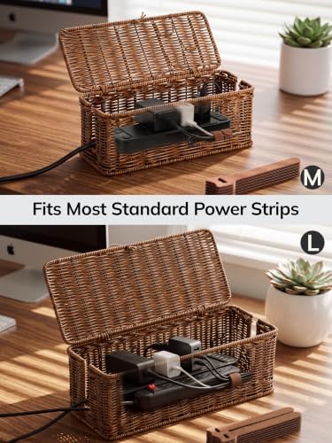 BROWNLILY Cable Management Box, Rattan Style Cord Organizer for Desk Cord Hider Outlet Covers for Power Strip Router Charger Under Desk Storage with Lockable Lid & Cable Ties(Braided Edging,Brown,Set) - Image 6