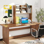 Giantex Desktop Bookshelf, 37" Desk Hutch Dorm for Computer Up to 32 Inch, Countertop Hutch w/6 Storage Shelves, 3-Tier Desktop Organizer Display Rack, Wood Desk Shelf for Home Office (Natural) - Image 2