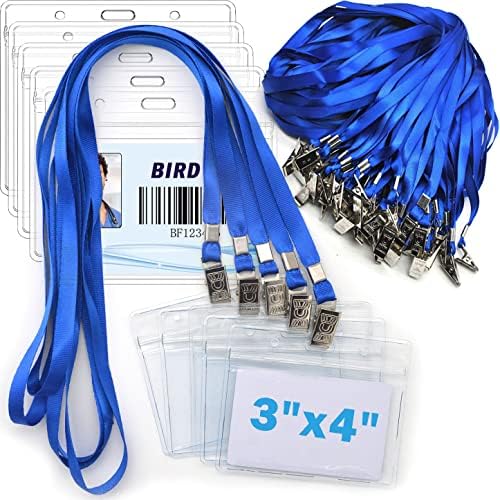 4x3 Name Tags Badge Holder with Lanyard 50 Pack Waterproof Horizontal ID Badge Holder and 50 Pcs Lanyards Nametag for Conferences, Events, and Meetings (Blue, 4 X 3 inches) by BirdFiy