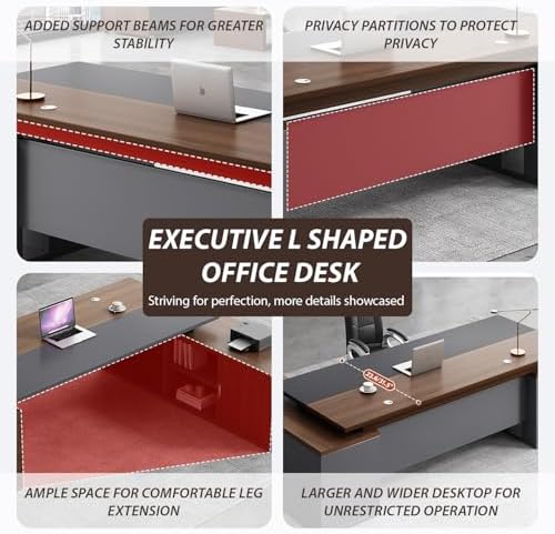 Executive Desk, L Shaped Executive Office Desk with Locking Drawer & File Cabinet, 1'' Thick Desktop, Large Office Desk with Storage, Modern Executive Computer Workstation for Home Office & Business - Image 5