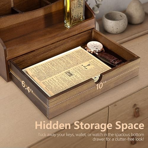 Rebee Vision Acacia Wood Mail Organizer for Desk with Drawer, Brown - Image 6