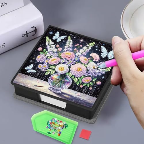4PCS Diamond Art Painting PU Notecard Box DIY Craft Sticky Note Box with 160 Sheets of Paper Sticky Note Holder for Living Room Home Office Decoration for Adults Beginners Desk Organiser(Vase) - Image 3
