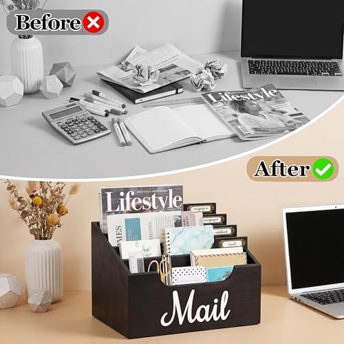 Rustic Wood Mail Organizer Countertop with 4 Slots, Black Mail Holder for Desk, Removable Dividers Mail Sorter, Letter Bill File Organizer for Home Office Classroom, Desktop Organizer with Free Labels - Image 5