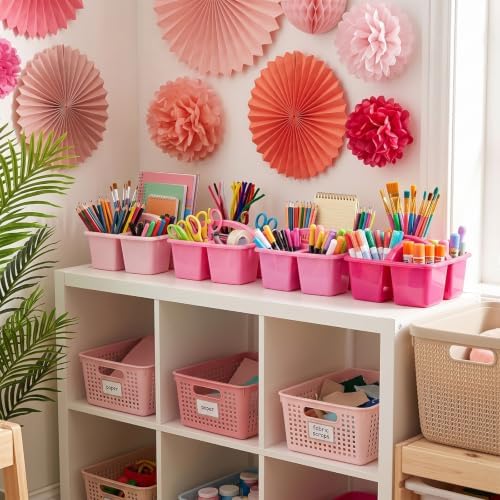 Kathfly 12 Pack Classroom Caddy Organizer with Handle Bulk, Pink - Image 2