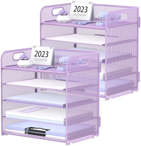 2 Pack 5-Tier Purple Desk Organizer with Handle Mesh Desk File/Paper Organizer Letter Tray for Office, School and Home Easy Installation Purple Office Supplies by SUPEASY