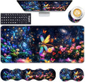 Keyboard Wrist Rest and Mouse Pad with Wrist Support Set Ergonomic Coaster,Memory Foam,Easy Typing Pain Relief,Large XL Desk Mat 31.5"x 11.8",Dragonfly Flower by CICPLKSE
