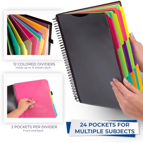 Samsill 2 Pack Deluxe 24 Pocket Spiral Project Organizer with Refillable Notepad, Customizable Front Cover, 12 Dividers with Erasable Write-On Tabs in Fashion Colors, Plastic Folders with Pockets - Image 3