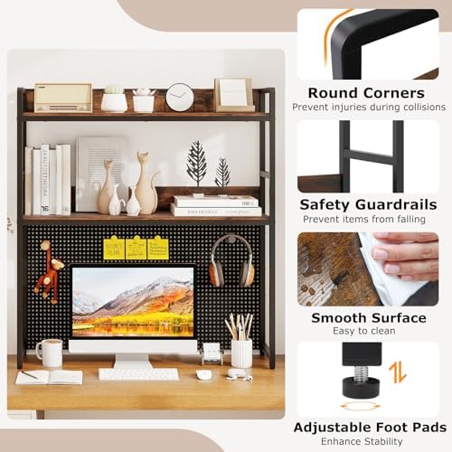 Desk Hutch, 37" Desktop Bookshelf with Pegboard, Countertop Storage Hutch for Computer Monitor, 2-Tier Desk Display Rack, Desktop Organizer Shelf for Dorm Home Office, Rustic Brown - Image 6