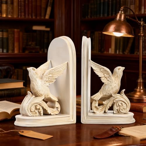 2PCS Vintage Bookends White Resin Decorative Bookends with Bird Bookends for Kids Rooms Decorative Book Ends for Heavy Books (White Bird) - Image 3