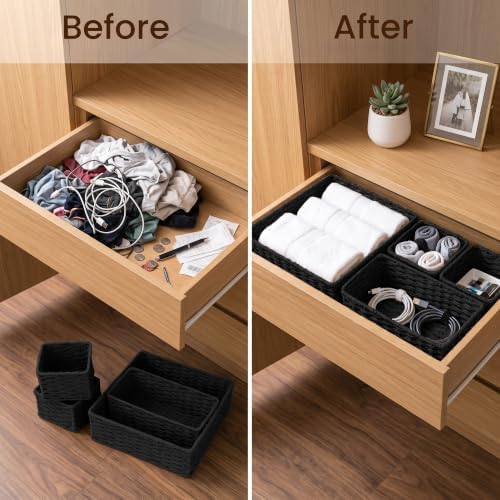 efluky 4 PCS Hand-Woven Drawer Organizer Baskets, Paper Rope Drawer Divider and Storage Trays Containers for Kitchen, Bathroom, Office, Desk, Black - Image 4
