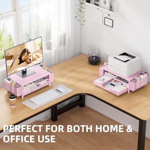 Monitor Stand Riser with Mesh Drawer and 2 Side Pen Holders, Pink Metal Top - Image 7