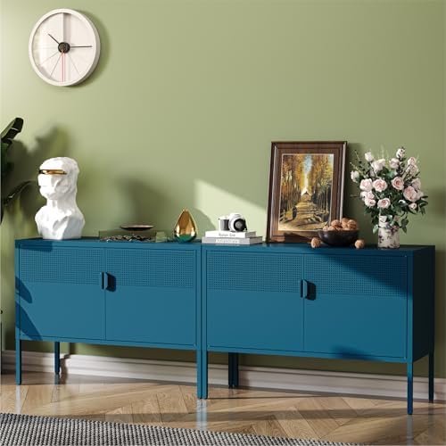 COFaR TV Stand for TVs up to 75 Inch, 40 Inch Media Console with Ventilation Doors, Metal Entertainment Center with Adjustable Shelves & 120Lbs Storage for Living Room & Bedroom, Peacock Blue - Image 3