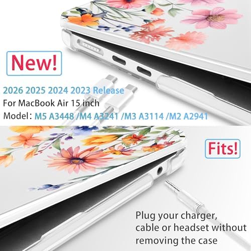 Mektron for 2026/2025/2024/2023 MacBook Air 15 INCH M5 A3448 /M4 A3241 /M3 A3114 /M2 A2941 Case, Printed Plastic Hard Shell Cover with 15.3" Liquid Retina Display Touch ID, Floral P165 - Image 2