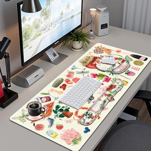 Mouse Pad, 4 in1 Large Desk Mat, Desk Pad Matt for Desktop, Anti-Slip XXL Big Computer Ergonomic Mousepad with Wrist Support for Keyboard and Mouse for Women I Watercolor Stickers - Image 2
