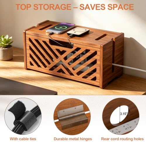 Extra Large Wooden Cable Management Box, 15.35 x 8.98 x 8.27 inches, Cord Hider Box with Cable Slots, Cable Organizer Box to Hide Power Strips, Surge Protector, Extension Cords for Desk & Floor - Image 4